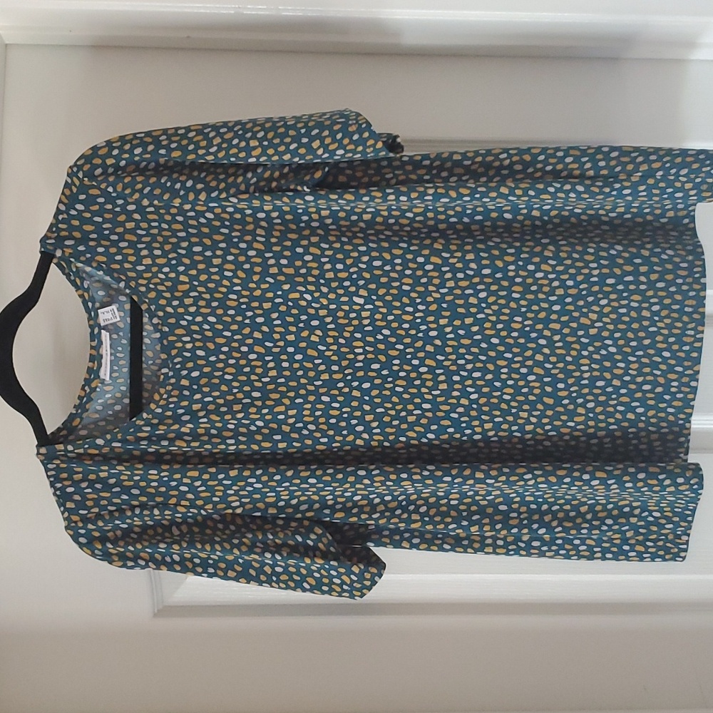 Susan Graver Liquid Knit Top, Round Neck, short sleeve, Green/multi-colored, L